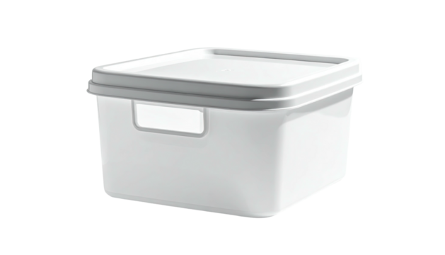 Square food container, clear plastic, gray lid and handle, isolated on black