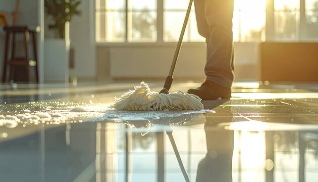 Moping Glossy Floor in Sunlight Flooded Room Ultra Sharp Cinematic HDR Corporate Photography
