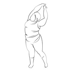 One continuous line drawing on white isolated background. Minimalism linear illustration. person, sport, overweight, fat, stretching, woman, lifestyle, exercise, fitness, adult
