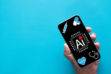A hand holds a smartphone with an AI in healthcare application. A concept for digital health, using artificial intelligence for diagnostics, prescriptions, and health monitoring.