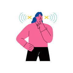 Business woman shows a gesture of quiet, do not make noise. Flat vector illustration isolated on white background