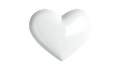 A glossy, three-dimensional, pure white heart shape against a stark black background