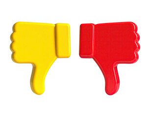 Two hand gestures, one yellow, one red, both with thumbs pointing down on black