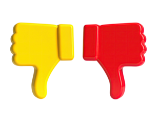 Two hand gestures, one yellow, one red, both with thumbs pointing down on black