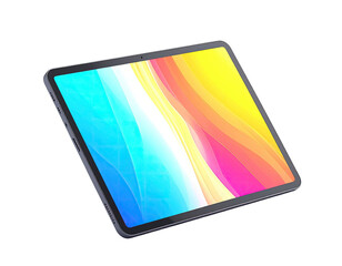 Angled, modern tablet with colorful abstract wallpaper, isolated on black background