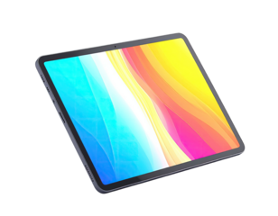 Angled, modern tablet with colorful abstract wallpaper, isolated on black background