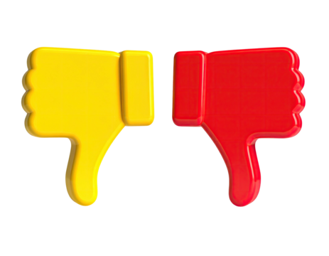 Two hand gestures, one yellow, one red, both with thumbs pointing down on black