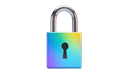 A shiny, colorful padlock with a silver shackle against a stark black background