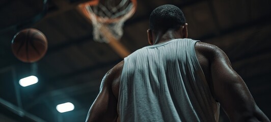 Man in a tank top, back view, basketball court