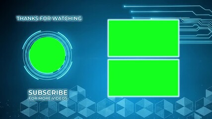 Futuristic blue background with green screen elements for video editing, featuring a circular subscribe button and two rectangular video placeholders.