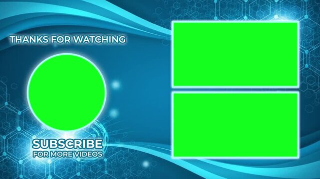 A blue, futuristic YouTube end screen template with green screen placeholders for videos and a subscribe button.