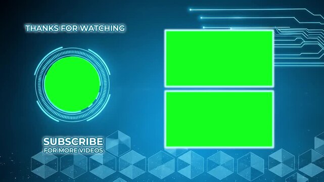 Futuristic blue background with green screen elements for video editing, featuring a circular subscribe button and two rectangular video placeholders.