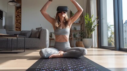 Woman wear vr smartwatch technology doing yoga at home - Powered by Adobe
