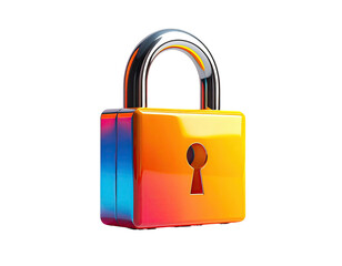 A glossy, colorful padlock rendered in vivid hues on a stark, black background