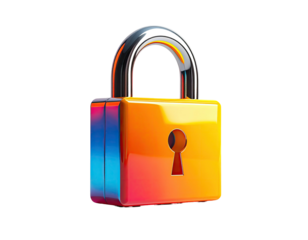 A glossy, colorful padlock rendered in vivid hues on a stark, black background