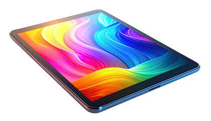 A perspective shot of a tablet with a vibrant, colorful wavy abstract design screen