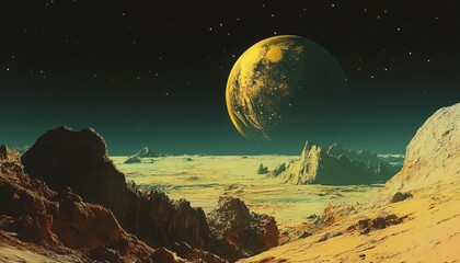 Naklejka premium Alien landscape with large, golden planet
