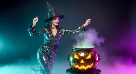 Glamorous witch in a sequin costume at a Halloween party. Woman casting a magic spell over a glowing disco ball jack-o'-lantern cauldron. Modern holiday celebration with neon lights and smoke.