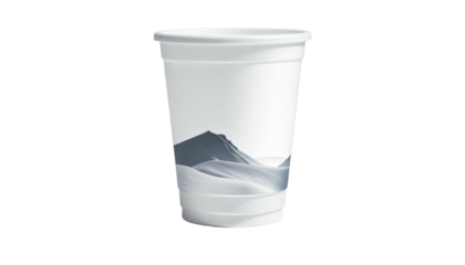 A tall white cup featuring a minimalist illustration of mountains in muted tones