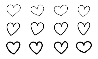 Doodle heart shape set from thin to bold. These heart icons are perfect for romantic designs, decorations, and creative projects. Vector illustration