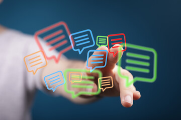 Human hand pointing speech bubble icons symbolizing communication and social media concepts.