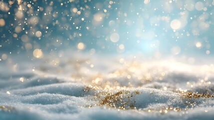 Golden snowflake Christmas decorations with festive lights and snow, winter holiday bokeh background for celebration, greeting cards and seasonal design