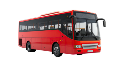 Bright red coach bus on black background, viewed from a medium angle