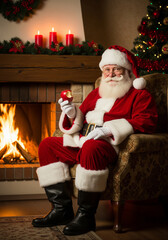 Santa Claus relaxing by fireplace, eating an apple at Christmas, festive scene.