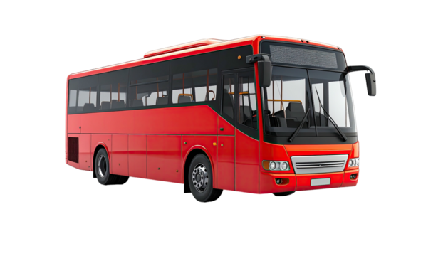 Bright red coach bus on black background, viewed from a medium angle