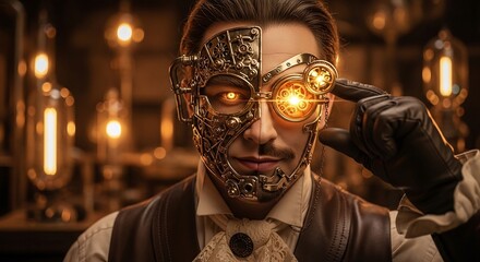 Steampunk visionary with intricate mechanical eye, perfect for sci-fi book covers, alternative history promotions, technology concepts, or industrial revolution events.