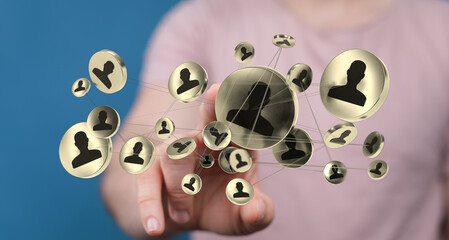 Digital network of connected people. Human resources concept, showing a person's hand touching a digital networking system.