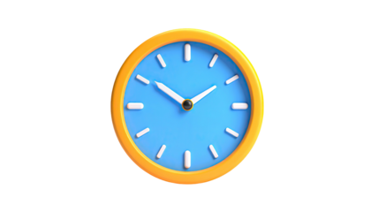 Rendered image of a round, stylized clock with blue face and gold frame on black