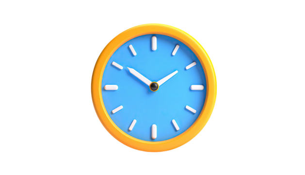 Rendered image of a round, stylized clock with blue face and gold frame on black
