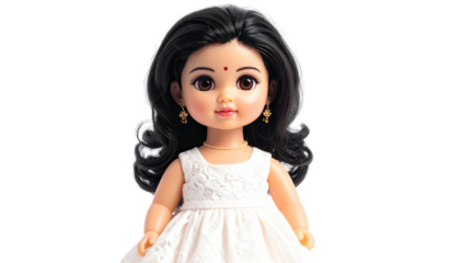 A doll, with brown eyes, black hair, wearing a white dress & gold jewelry