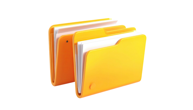 Two stylized yellow file folders, each holding white paper, against a black backdrop