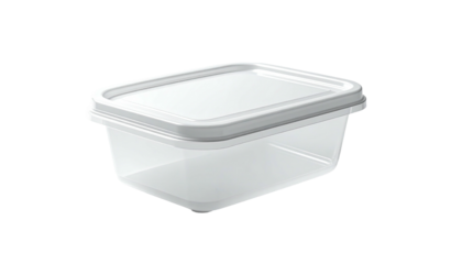A transparent, rectangular food container with a white lid, on a black background
