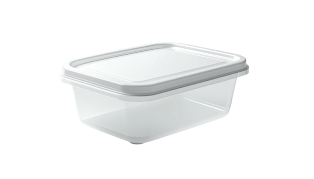 A transparent, rectangular food container with a white lid, on a black background
