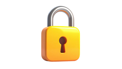 A bright yellow, shiny padlock with a silver shackle on a black background