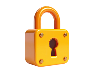A stylized 3D-rendered golden padlock with rounded features on a black background