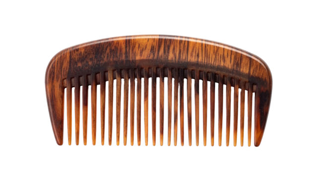 A close-up shot of a wooden comb, brown with vertical teeth on a black background - Powered by Adobe