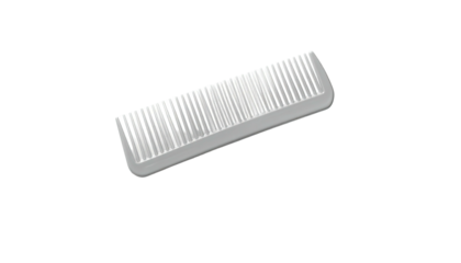 A white comb lies horizontally, teeth facing up, against a stark black background