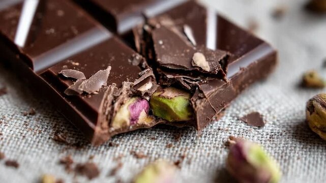 Dark chocolate bar with pistachios and other nuts, broken into bite-sized pieces.