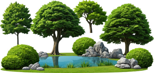Cartoon landscape of trees bushes water and rocks on white