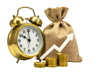 Vintage alarm clock, money bag, and upward trend graph, symbolizing financial growth