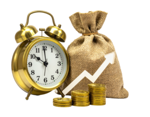 Vintage alarm clock, money bag, and upward trend graph, symbolizing financial growth
