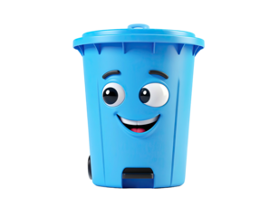 Blue smiling trash container with wheels and a foot pedal against a black background