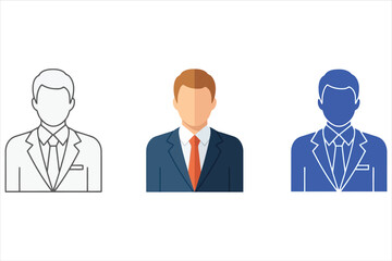 Vector art of three businessman icons, showcasing a professional figure in different styles outline, color, and blue silhouette, representing business attire