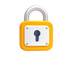 A 3D rendered orange padlock with a silver shackle, and a keyhole