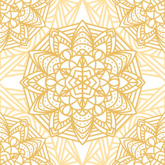 Gold Yellow seamless pattern with mandala ornament. Doodle Floral Mandala. Traditional Arabic, Indian motifs.