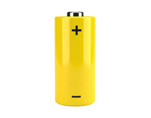 A bright yellow cylindrical power cell, with black plus and minus signs on surface